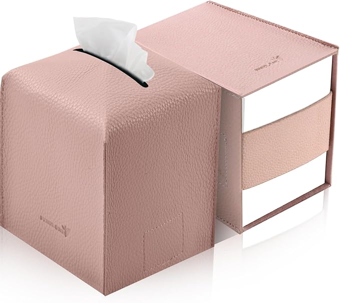 Tissue Box Cover 5X5X5'' PU Leather Tissue Holder Square Tissue Cube Box Organizer for Bathroom Vanity Countertop, Car, Night Stands, Office, Home, Kitchen (2Pack, Pretty Pink) by PENGLONGHOMEDECORATION