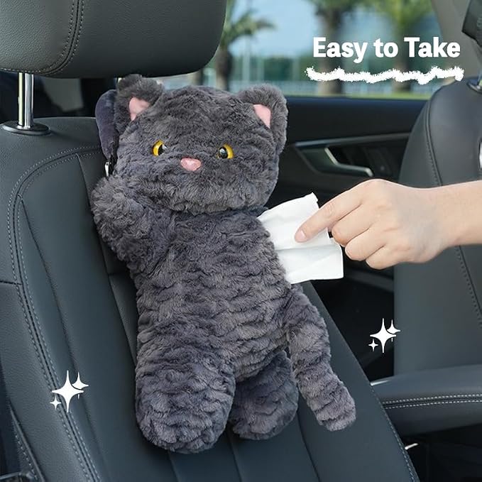 Cute Cat Car Tissue Holder Plush Kitten Paper Box for Backseat Adorable Hanging Organizer & Decor for Women Pet Lovers & Gifts (Black) - Image 5