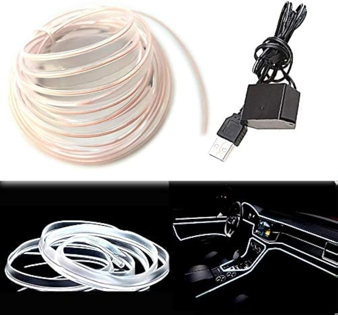 El Wire White Interior Car LED Strip Lights, 5M Neon Wire USB 5V with Fuse Protection for Automotive Interior Decoration, with 6mm Sewing Edge by Maxlaxer