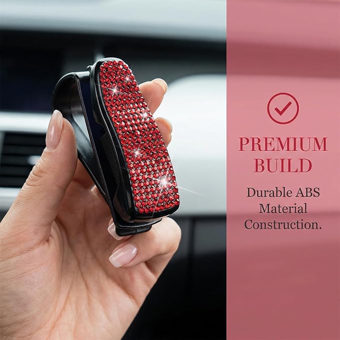 HZEL 2PCS Bling Sunglasses Holder for Car Visor, Crystal Rhinestone Sun Visor Eyeglasses and Ticket Card Mount Clip, Shiny Diamond Auto Glasses Hanger Holder, Universal for Vehicles (Red) - Image 4