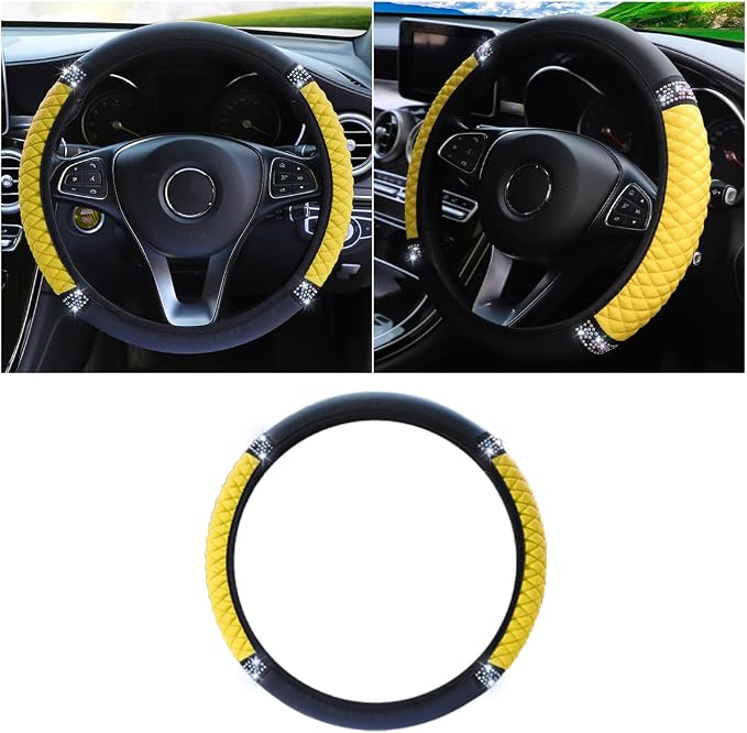 JOYCOURT 15 Inch Bling Soft Leather Car Steering Wheel Cover, Yellow | Colorful Rhinestones Design, Auto Elastic Protector for Women Girls, Crystal Diamond Car Accessories for Most Cars, SUVs by JOYCOURT