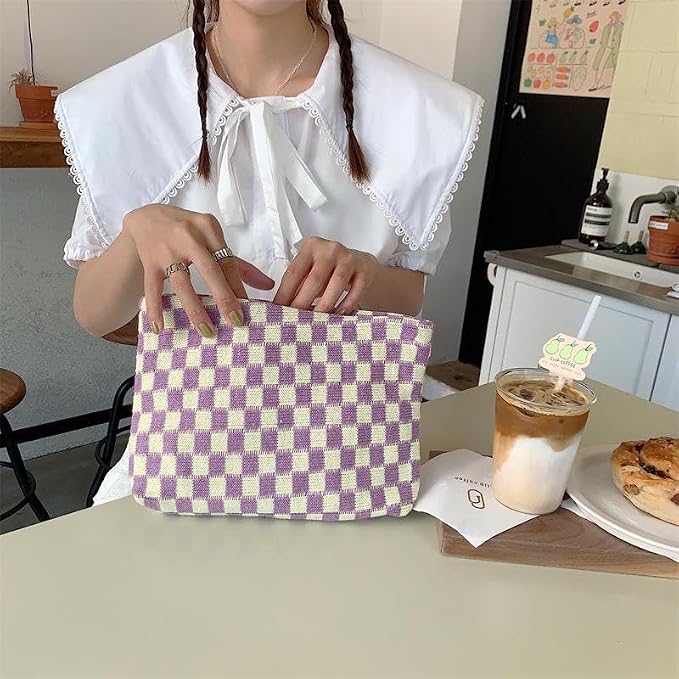 PAZIMIIK Checkered Makeup Bag for Purse, Small Flat Cosmetic Pouch,Purple | Cute Zipper Makeup Organizer for Women, Travel Essentials, Toiletries, Makeup Brushes, Beauty Accessories&Bridesmaid Gifts - Image 6