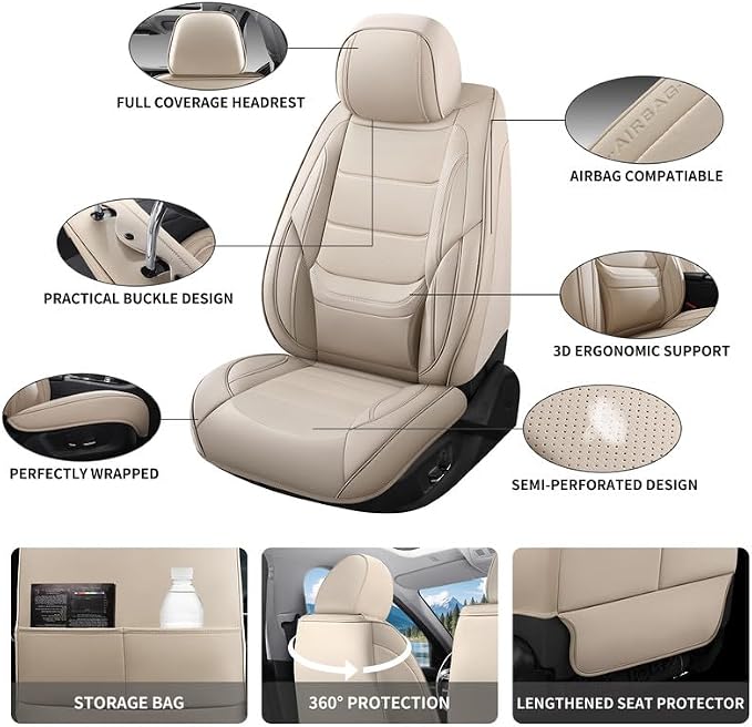 Car Seat Covers Full Set Fit For Toyota RAV4 Hybrid 2016-2026, Beige | Lumbar Support, Premium Faux Leather, Breathable, Anti-Slip, Airbag Compatible, Waterproof, Car Seat Protectors, 2 Row-5Seat - Image 3