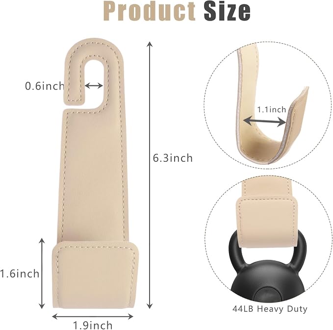 2-Pack Car Headrest Hooks, 1.1-Inch Wide Purse Hangers, Beige | Microfiber leather hooks with built-in metal cores keep purses, groceries and backpacks organized and within reach - Image 6