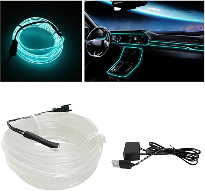10FT EL Wire Strip Lights, USB Car Neon Trim, Sewing Edge, Ice Blue | USB-powered operation, sewing-edge design, fuse protection, interior ambient lighting use, cut-to-length construction by HIPOPY