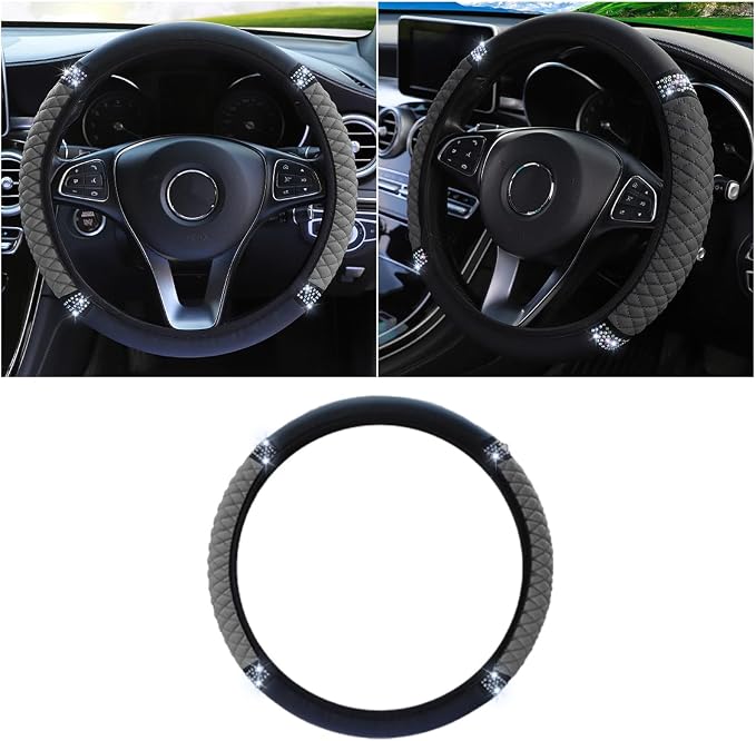 JOYCOURT 15 Inch Bling Soft Leather Car Steering Wheel Cover, Grey | Colorful Rhinestones Design, Auto Elastic Protector for Women Girls, Crystal Diamond Car Accessories for Most Cars, SUVs by JOYCOURT