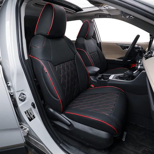 EKR Rav4 Seat Covers Custom Fit for Toyota Rav4 2021-2024 Prime SE,XSE & 2019-2025 Hybrid/PHEV SE,XSE, Leather Car Seat Cover Full Set for SUV,Faux Leather(Black with Red Trim) by EKR