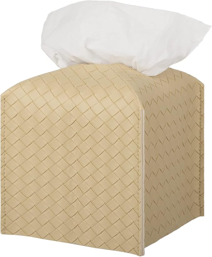 Tissue Box Cover PU Leather Tissue Holder Square Facial Tissue Case Facial Paper Organizer Dispenser for Bathroom, Vanity Countertop, Tabletop, Car, Rice Apricot | PU Leather，Easy to Fill, Easy Clean, Decorative Cube Tissue Box Holder for Office, Bathr... by zoocatia