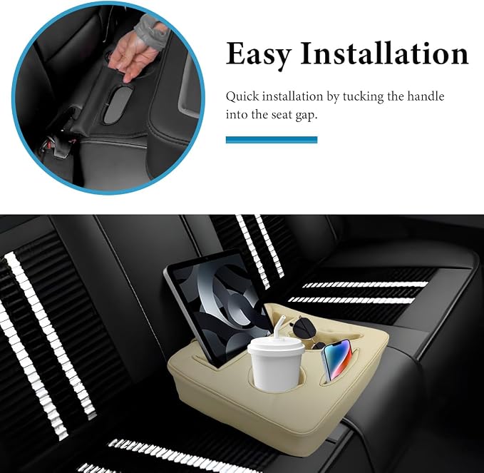 Car Back Seat Organizer, Leather Automotive Rear Seat Couch Cup Holder Expander Tray, Vehicle Cup Holder Tray Holds Snacks Remotes Phones for Truck RV Boat Couch Pillow Bed (Beige) - Image 6