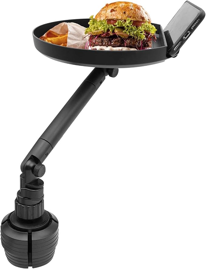 Macally Cup Holder Tray for Car - Adjustable Car Tray Table - Perfect Car Food Tray for Eating with Phone Slot and Swivel Arm - Car Organizer by Macally