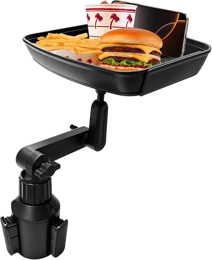 Larger Cup Holder Tray, 360° Rotating Expandable Car Food Tray Table with Phone Slot, Multifunctional Car Cup Holder Expander Road Trip Essentials for Eating & Storage by Unknown