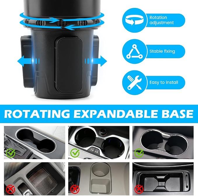 2 in 1 Car Cup Holder Expander, Multifunctional Expandable Car Cup with 360° Rotating Cup Holder Adapter Extender for Car with Adjustable Base Cup Holder Organizer for Large Water Cups and Drinks - Image 4