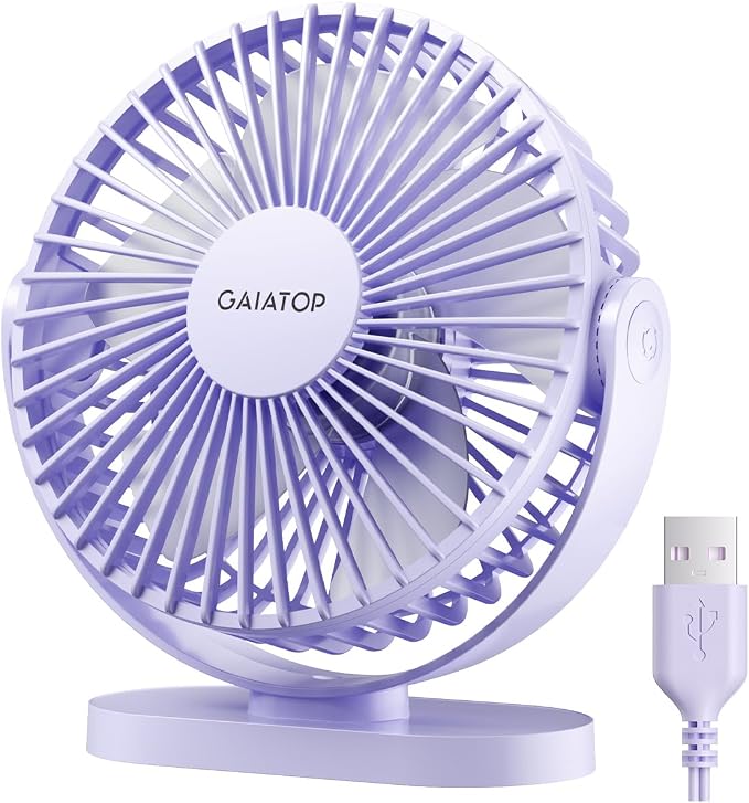 Gaiatop USB Desk Fan, 5.5 Inch Quiet 3 Speeds Small Portable Fan Purple | USB Powered, 5ft Cable, Mini Personal Desktop Table Fans, Powerful Cooling for Home, Office, Travel, Car, Indoor, Outdoor by GAIATOP