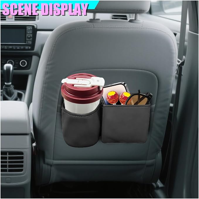 Car Side Door Organizer, Leather Auto Back Seat Storage Pouch with Cup Holder, Car Console Side Trash Can, Universal Vehicle Interior Organizer Pocket for Phone, Coin, Sunglasses (Black) - Image 3