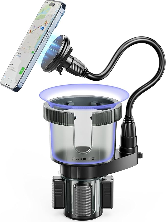 2-in-1 Car Cup Holder Expander for Phone MagSafe, Upgraded Cup Holder Phone Mount for Car with Adjustable Base, Compatible with Yeti 20/26/30 oz, Hydroflask 32/40 oz (Transparent Black) by PakWizz