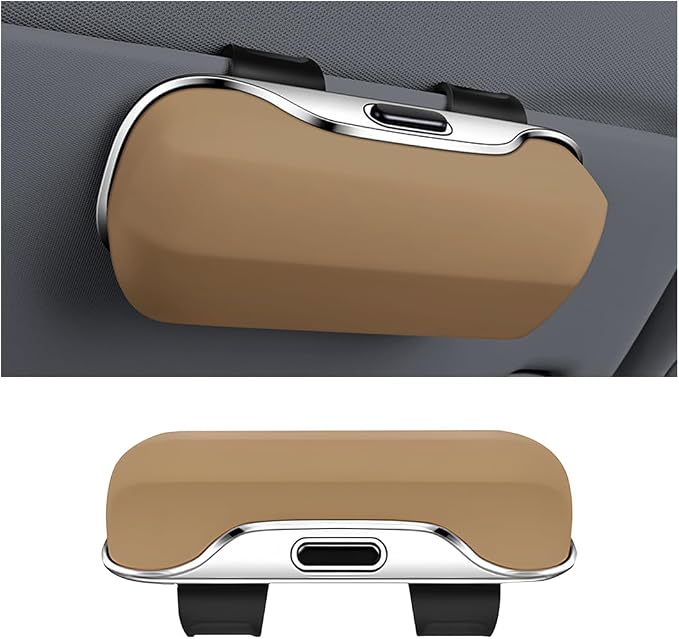 Zipelo 7.09 x 2.56 Inch Car Sun Visor Sunglasses Case, Beige | ABS construction, push-bounce opening, clip-on mounting, holds eyewear tickets and cards, car interior accessories by zipelo