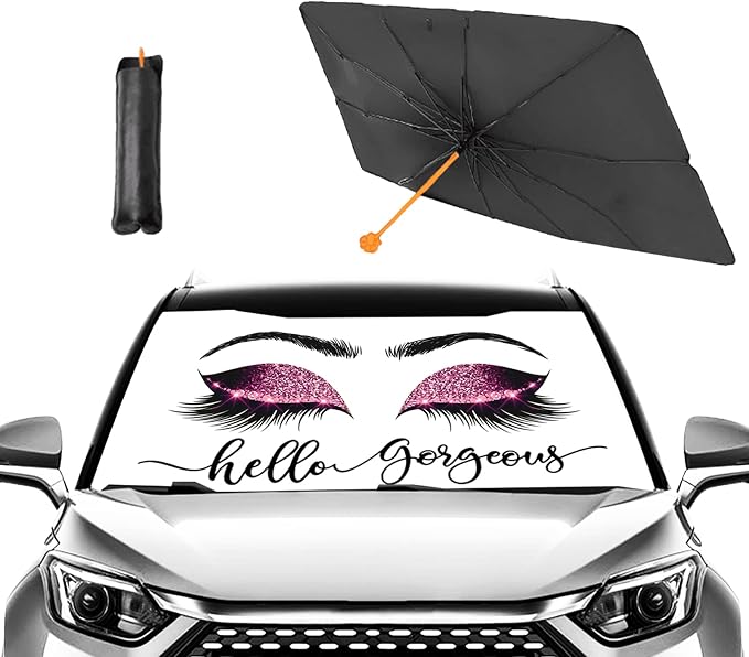 CHILL·TEK Pink Eyelash Car Windshield Umbrella, Hello Gorgeous Sun Shade Umbrellas for Car Front Window, Block UV Rays Foldable Windshield Umbrella Sun Visor Protector-Keep Car Cool for Most Vehicles by CHILL%C2%B7TEK