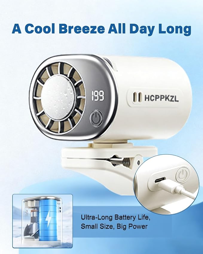 2026 Car Clip on Air Conditioner Fan with LED Display Portable Mini Cooling System 360° Rotation Adjustable 200 Speeds Rechargeable Handheld Gadget 16℃ Semi Wide Clamp for Vehicle Shirt Waist(Gray) - Image 7
