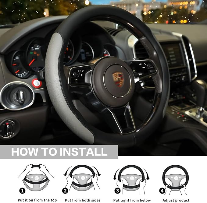 Steering Wheel Cover, Microfiber Leather Splicing with Classic Embossing,Contrasting Colors Anti-Slip Breathable Auto Car Steering Wheel Cover Fit 15 Inch Car Wheel Protector (Black&Gray) - Image 5
