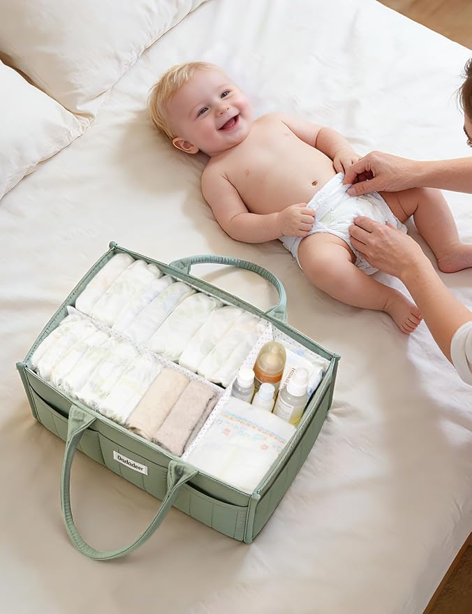 Quilted Diaper Caddy Organizer, Nursery Storage Basket with Dividers | Waterproof Caddy with Sturdy Handles, Portable for Changing Table or Car, Newborn Essentials, Baby Shower Gifts - Image 9