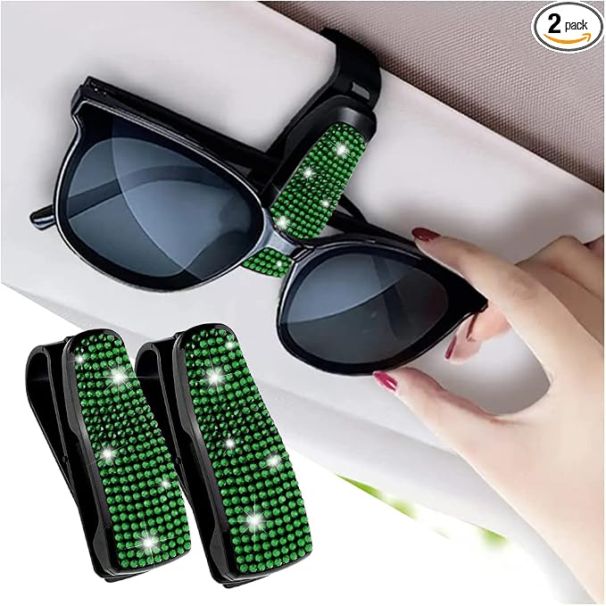 Turcee Set of 2 Bling Rhinestone Car Sun Visor Glasses Holders with Anti-Scratch Sponge,Car Decoration for Women Girls,Ticket Card Clip Visor Organizer (Green) by Turcee