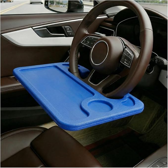 Car Steering Wheel Desk, 2 in 1 Multipurpose Auto Steering Wheel Tray with Drink Holder and Pen Slot, Portable Vehicle Computer Office Table Travel Accessories for Laptop, Food (Blue) by Unknown