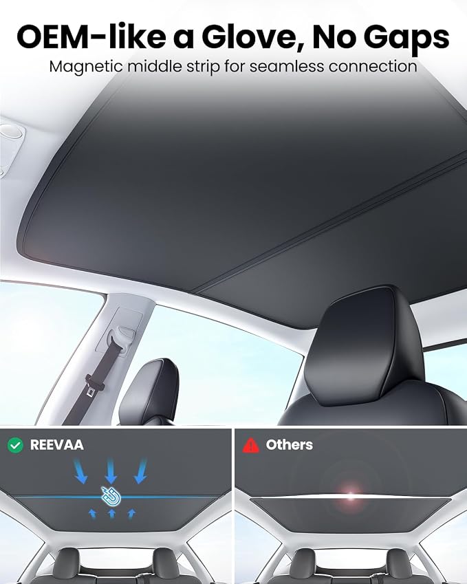 REEVAA Tesla Model S (2026-2022) Sunshade Roof Accessories, Black | OEM Fit; Full Blackout & Heat-Blocking; Protect Interior & Reduce A/C Workload; Two-Piece Magnetic Design Prevents Sagging - Image 3