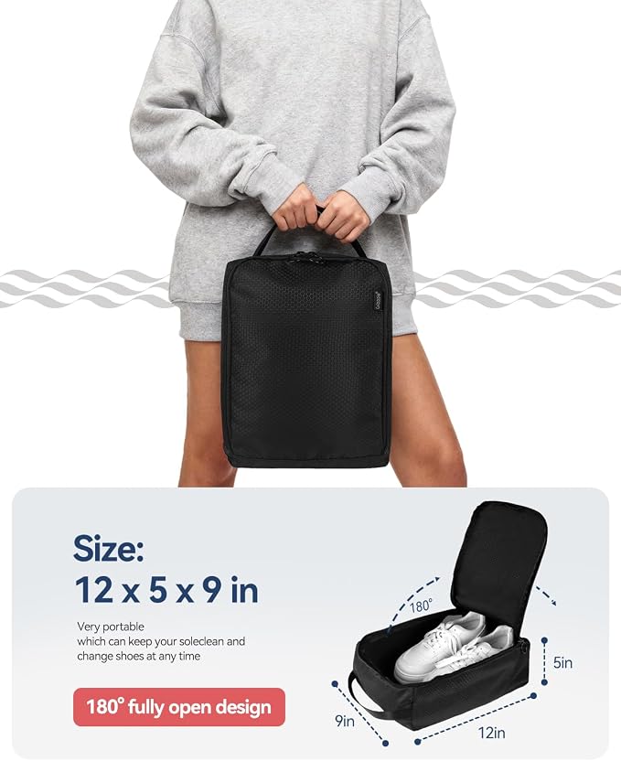 Gloppie Shoe Bags for Travel - Portable Shoes Storage Bag, Shoe Pouch, Shoe Packing Cubes for Men Women - Black | 12 x 9 x 5 in travel shoe bag with a full-opening zipper, carry handle, and fold-flat design for shoes up to US size 10 - Image 3