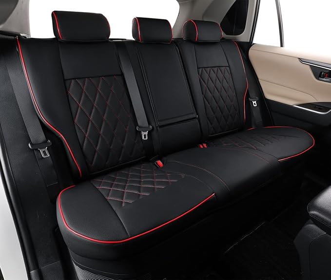 EKR Rav4 Seat Covers Custom Fit for Toyota Rav4(Gasoline) 2019 2020 2021 2022 2023 2024 2025 LE/XLE/XLE Premium/Limited,Leather Car Seat Cover Full Set for SUV,Faux Leather(Black with Red Piping) - Image 5
