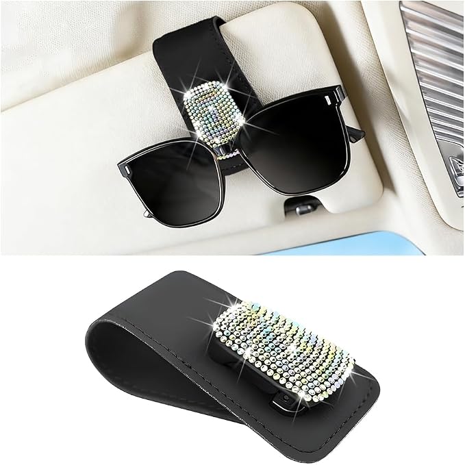 Bling Car Sun Visor Sunglasses Holder, Crystal Rhinestone Leather Visor Eyeglasses Ticket Card Mounter Clip, Shiny Diamond Auto Glasses Hanger Holder, Universal Fit (Black/Multicolor) by Unknown