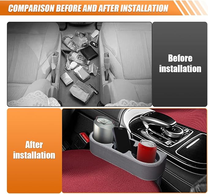 Car Cup Holder, PU Leather Auto Seat Gap Filler Organizer (Gray) | Multifunctional Vehicle Cup Drink Holder, Front Console Storage Box for Coin Cellphone Sunglasses, Universal Car Accessories - Image 5