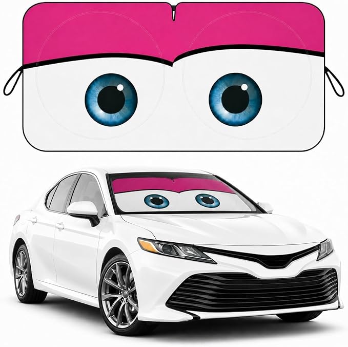 Car Windshield Sun Shade, Universal Fit Midsized Sedan SUV, Cute Pink | 61 x 31.5" Windshield Cover, Foldable Front Window Sunshade, UV Heat Protection, Cute Eyes Series by eygeufg