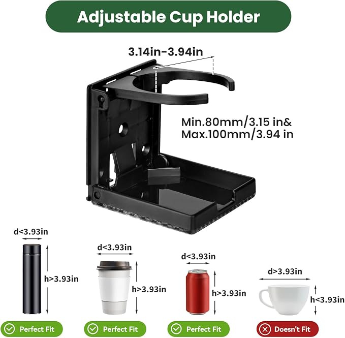 2pcs Wall Cup Holder, Boat Cup Holder, Diamond Embossed Texture | Folding Cup Holder for Boat, 2.36"-3.94'' Adjustable RV Cup Holder Fits Most Sizes of Cups Mugs Bottles, ABS, Black - Image 2