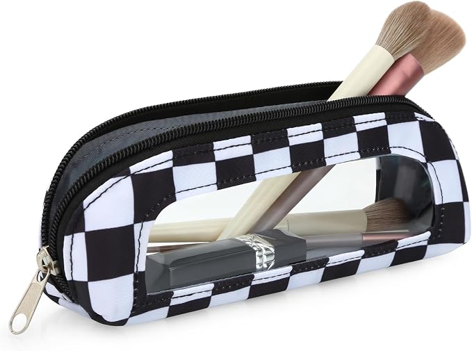 DOB SECHS Small Clear Makeup Bag for Purse Mini Checkered Brush Pouch for Travel Nylon Travel Cosmetic Organizer Pouches Holder Pencil Bag with Zipper Double Sided Clear Make-up Bags by DOBSECHS