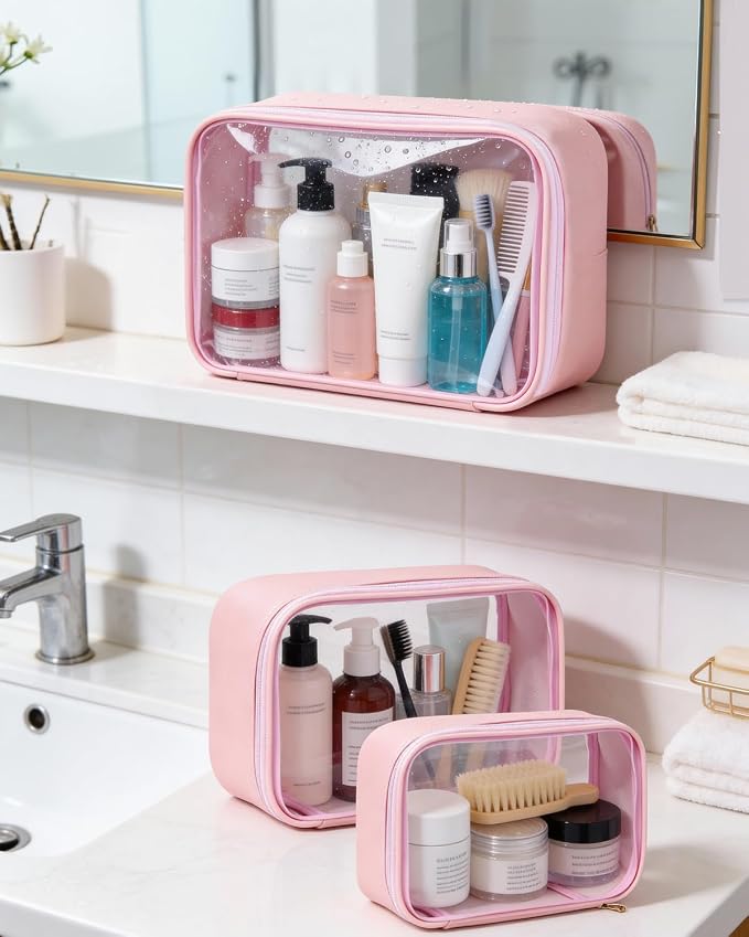 Travel Clear Makeup Bag Set for Women, 3 Pack Travel Size Toiletry Bag with Zipper Small Makeup Pouch for Purse Waterproof Portable Cosmetic Case Compact Car Organizer Storage Bag (Pink Set) - Image 8