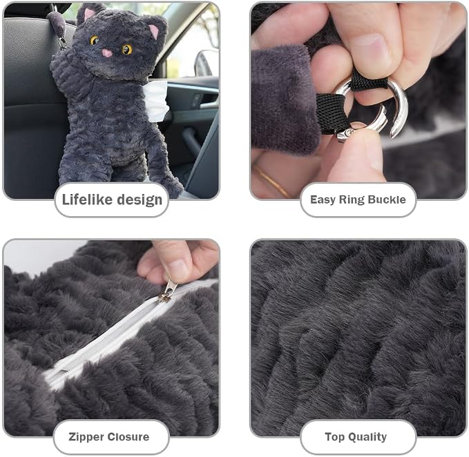 Tissue Box Cover Plush Tissue Box Holder for Car, Home, Decorative Holder/Organizer for Bathroom Vanity Countertop, Nightstands, Office Desk-Cat - Image 4