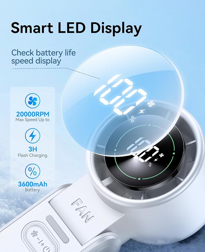 KIMMOO 2 Pack White Portable Handheld Turbo Fan-100 Speeds, Powerful 20000 RPM, 12Hrs Cooling,120° Rotation, USB Rechargeable Mini Hand Held Personal Fan for Travel Outdoor Indoor - Image 6