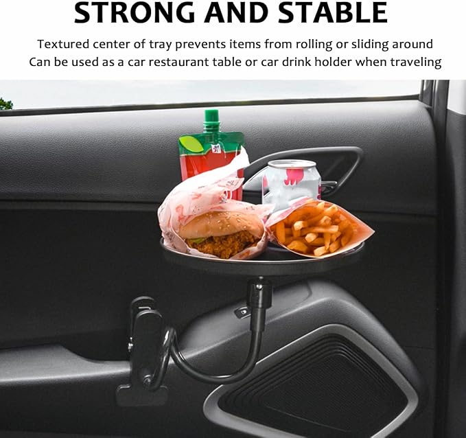 Yourkar Adjustable Food Tray for Car, 360° Swivel Non-Slip Car Food Table for Drinks and Snacks, 8.7 Inches Diameter Swivel Car Clip Type Tray for Eating, Universal Car Accessories (White) - Image 5