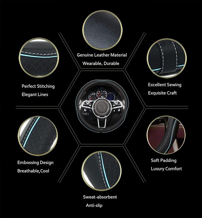 Car Steering Wheel Cover,Anti-Slip, Safety, Soft, Breathable,Heavy Duty, Thick,Full Surround,Sports Style (Black with Light Blue Line) - Image 2