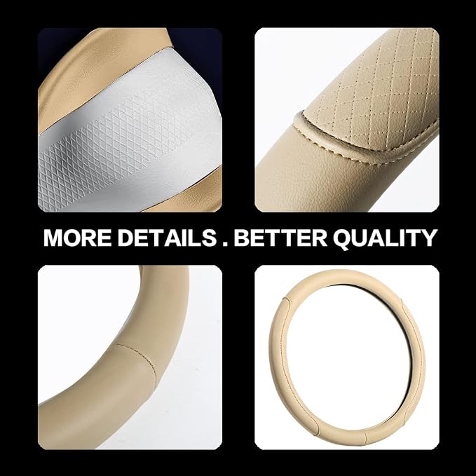 Microfiber Leather Steering Wheel Cover with Classic Embossing, Anti-Slip Breathable Auto Car Wheel Protector, Fit 15 Inch (Beige) - Image 4