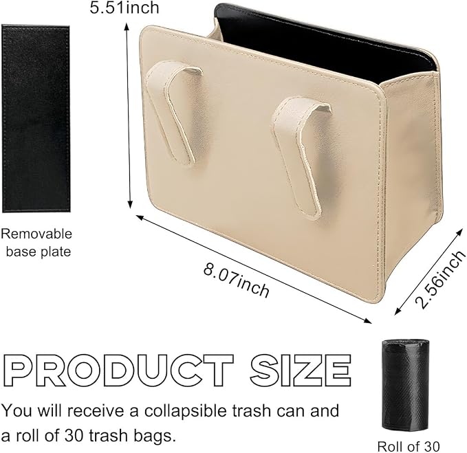 Yourkar Car Trash Can, Foldable Waterproof Leather Car Garbage Organizer Holder, Automotive Mini Dustbin Container with One Roll Trash Bag, Universal Interior Car Accessories (Beige) - Image 2