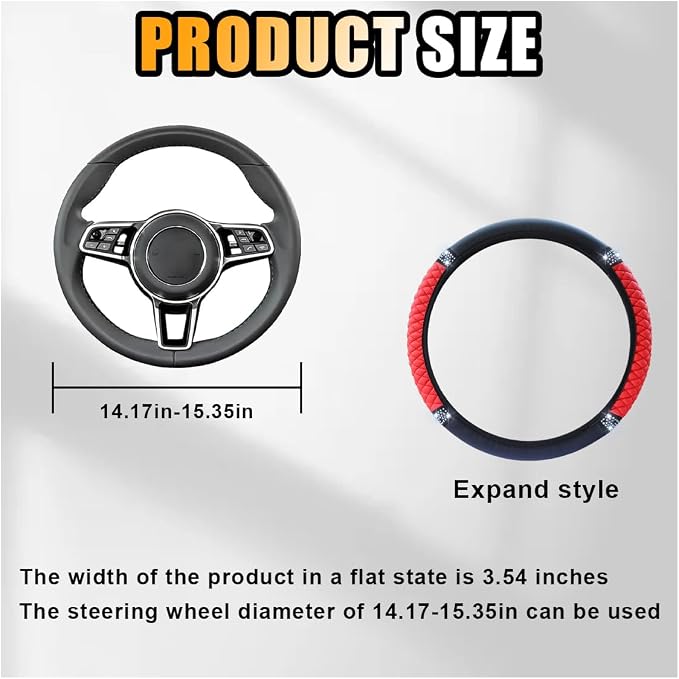 JOYCOURT 15 Inch Bling Soft Leather Car Steering Wheel Cover, Red | Colorful Rhinestones Design, Auto Elastic Protector for Women Girls, Crystal Diamond Car Accessories for Most Cars, SUVs - Image 2