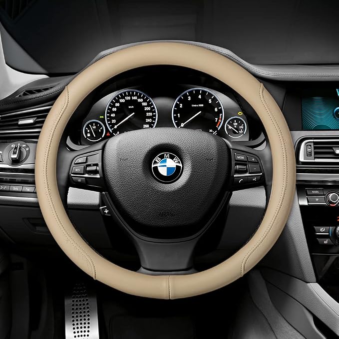 Microfiber Leather Steering Wheel Cover with Classic Embossing, Anti-Slip Breathable Auto Car Wheel Protector, Fit 15 Inch (Beige) - Image 3