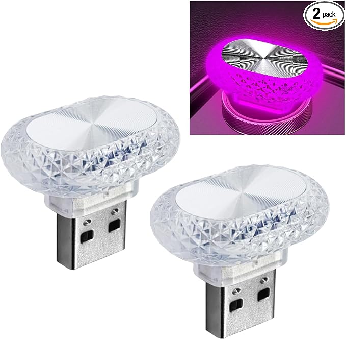 2PCS USB LED Car Interior Night Light, Crystal Mini Decoration Neno Ambient Light Car Interior Atmosphere Lamp, Plug-in USB Interface Auto Trunk Ambient Lighting Kit Universal for Cars (Pink/Purple) by Unknown