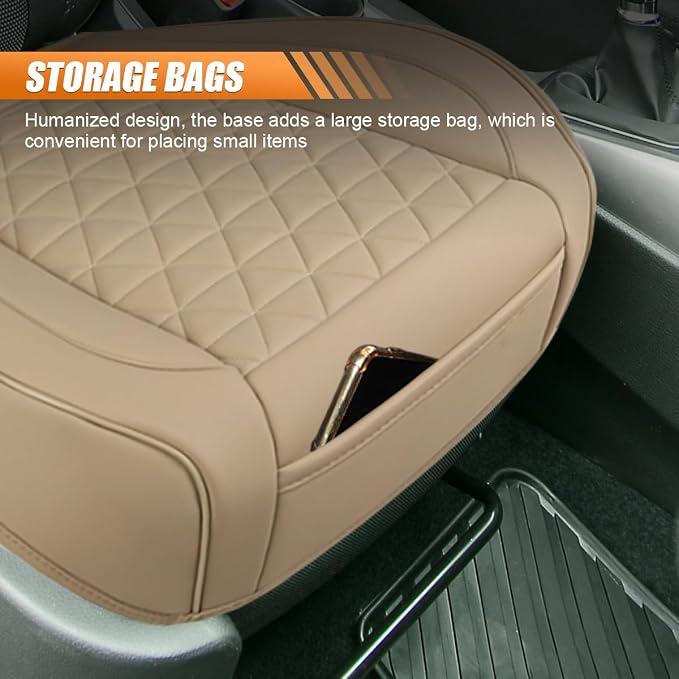 Luxury Faux Leather Car Seat Cover, Car Seats Cushion, Beige | Anti-Slip Waterproof Universal Front Bottom Seat Protector with Storage Pocket for Sedans, SUVs, Trucks, Triangular Pattern - Image 4