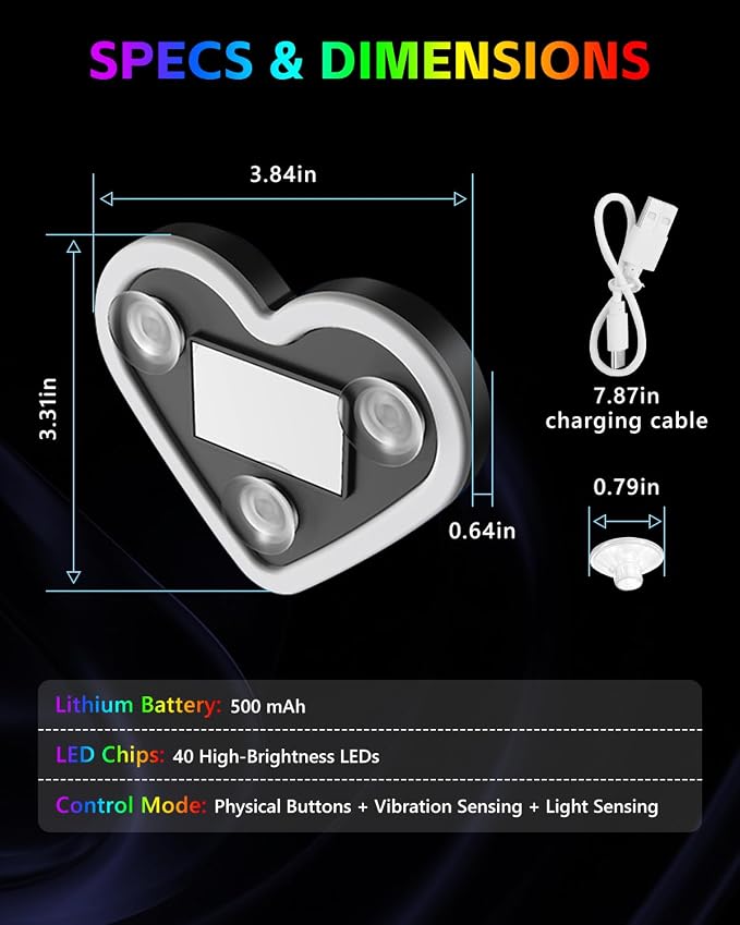2PCS Car LED Ambient Lights, Car Triangle Window Solar-Powered Heart Shaped Atmosphere Light with 8 Switchable Lighting Modes, Rechargeable Romantic Neon Heart Light for Interior Car(Colorful) - Image 6