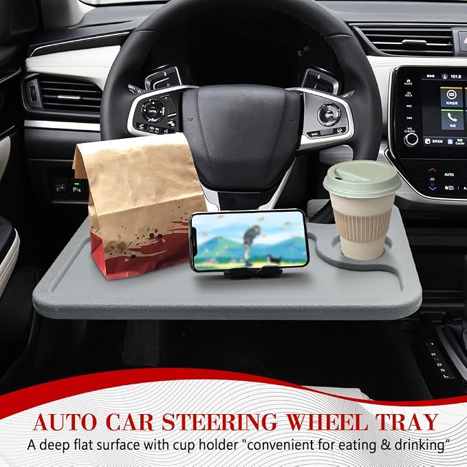 2 in 1 Car Steering Wheel Desk, Car Tray, Car Steering Wheel Desk Tray & Auto Seat Gap Filler Organizer, Multipurpose Travel Auto Steering Wheel Under Table Console for Most Vehicles (Grey) - Image 3