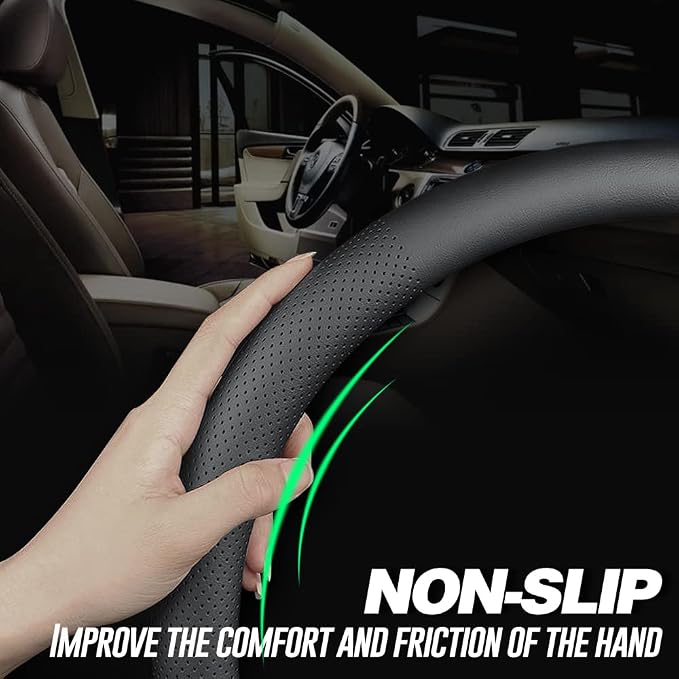 LKWLIKEI Nappa Premium Leather car Steering Wheel Cover, Non-Slip, Breathable, Universal 15 inches, Black. - Image 2