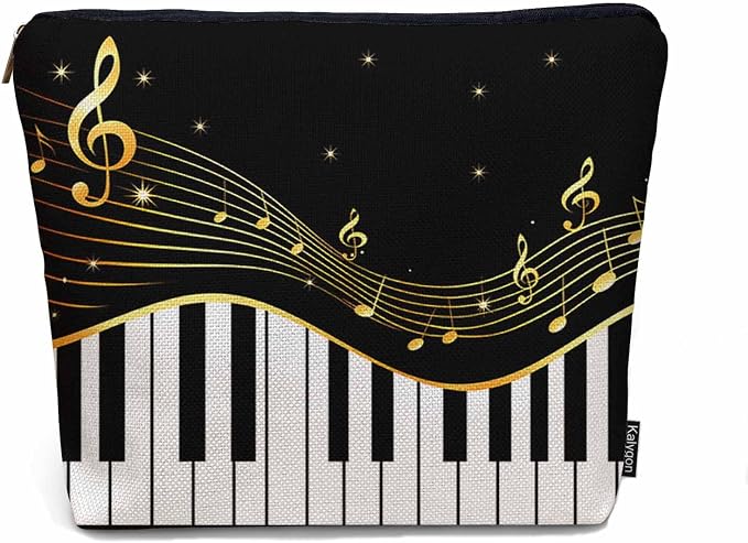 Women Makeup Organizer Bag Piano Music Notes Instrument Piano Flax Cosmetic Bag Makeup Bags Toiletry Bag Accessories Organizer Travel Bags For Home Bathroom Office Hotel Gym Black Golden by Unknown
