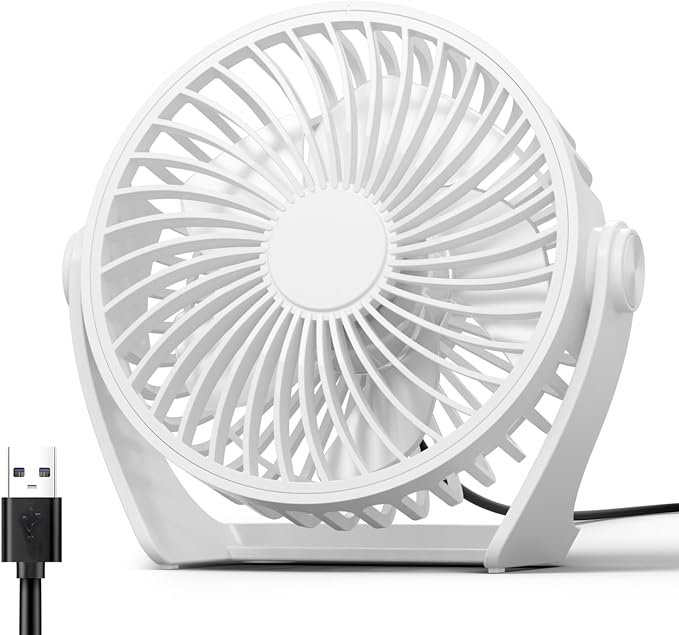 Edvision USB Desk Fan, 5 Inch Small Portable, 3 Speeds Powerful Wind Mini Personal Desktop Fan 360° Rotation Adjustable, Plug In USB Fan Quiet for Table Home Office Travel Car(White) by Edvision